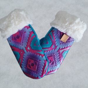 Handmade Genuine Leather Mittens Embossed Aztec Design Fleece Lined